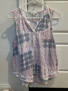 Lucky Brand White Tank Top with Pink and Navy Floral Patchwork